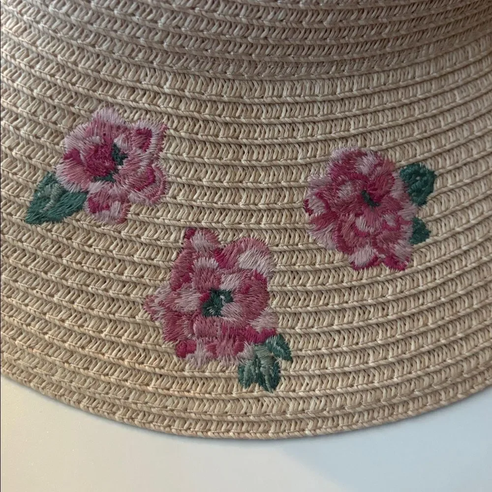 Janie and Jack Beige Straw Sun Hat with Pink Floral Embroidery ~ NWT